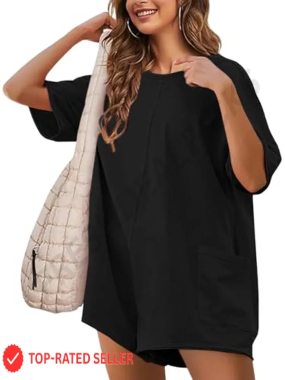 Women's Casual Oversized Romper Jumpsuit with Pockets, Reversible Short Sleeve